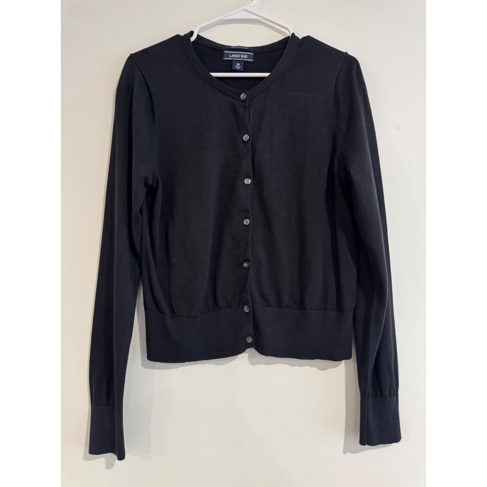 Lands End Supima Cotton Dressy Cardigan Sweater Womens M Black Button Front
